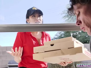 Horny guys Jay Romero and Rion King ordered a pizza but Ember Snow delivered it late so she offers her pussy and started a hot pizza threesome party.